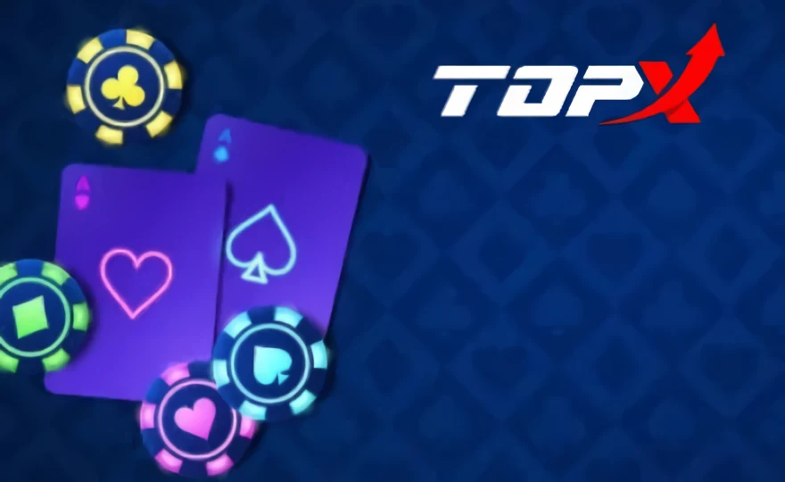 Cartas e fichas azuis sobre a mesa, com a marca TopX